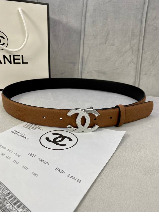 Width 3.0cm Chanel lychee patterned cowhide gold silver patterned metal steel buckle