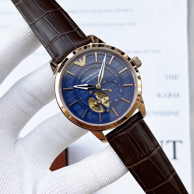 Armani, hollowed out watch series, equipped with imported brand new 82S7 gold movement, precise and trouble free timing, diameter for men: 42mm, thickness 10mm, classic needle buckle, sapphire glass mirror, fireproof flower, scratch resistant, 316 st