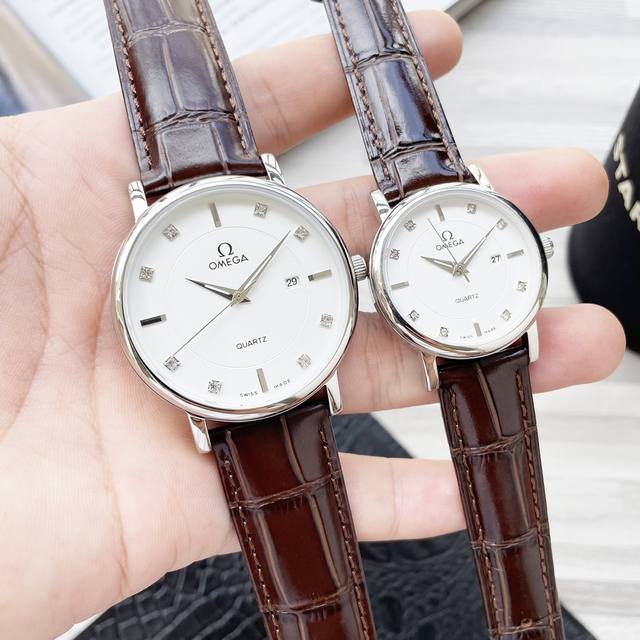 White shell: Gold shell: Steel strap 20 Omega couple watch original imported quartz movement mineral glass mirror 316L stainless steel case diameter for men 40mm and women 30mm, thickness 8Mm. If today's sunlight stops its dazzling light: