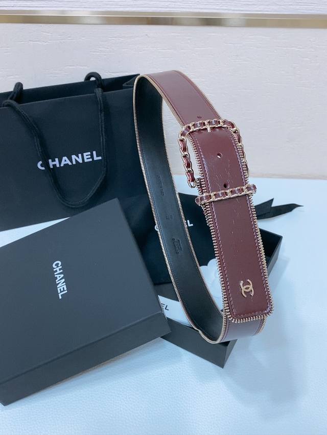 Chanel 24C brass metal imported shiny calf leather 4.0cm soft and delicate touch belt: