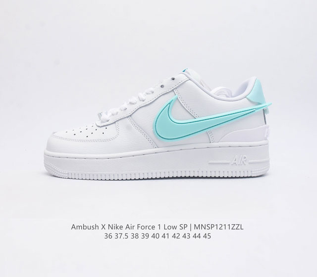 The Nike Air Force One Af1 low top casual sports board shoes Ambush X Nk Air Force 1 07 Low Sp Air Force One co branded iconic swoosh extends beyond the heel