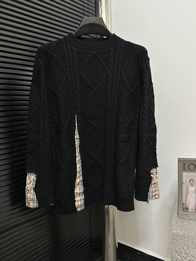 BBR Burberry Autumn/Winter Black Splicing Versatile Sweater Classic Fabric Old Color Pure Hand Cutting, Damaged Patch Loose Version Knitted Bottom and Outer Wearing are both very nice. Same gender three label complete counter packaging bag Color: Bla
