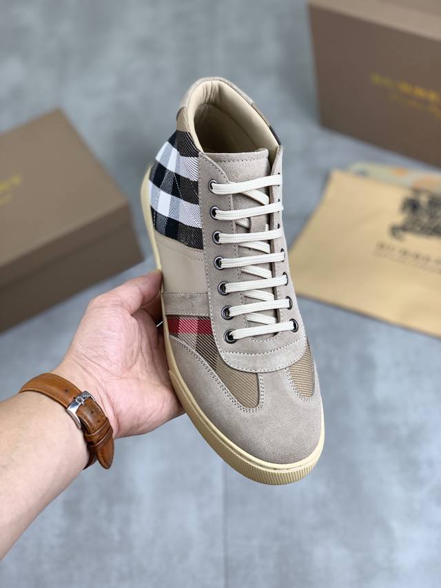 Factory price real price leather and velvet knight Burberry sports men's shoes, new casual high top men's shoes, new spring and summer season design, perfect workmanship, lazy foot style to create cabinet quality, shoe upper: fashionable and exquisit